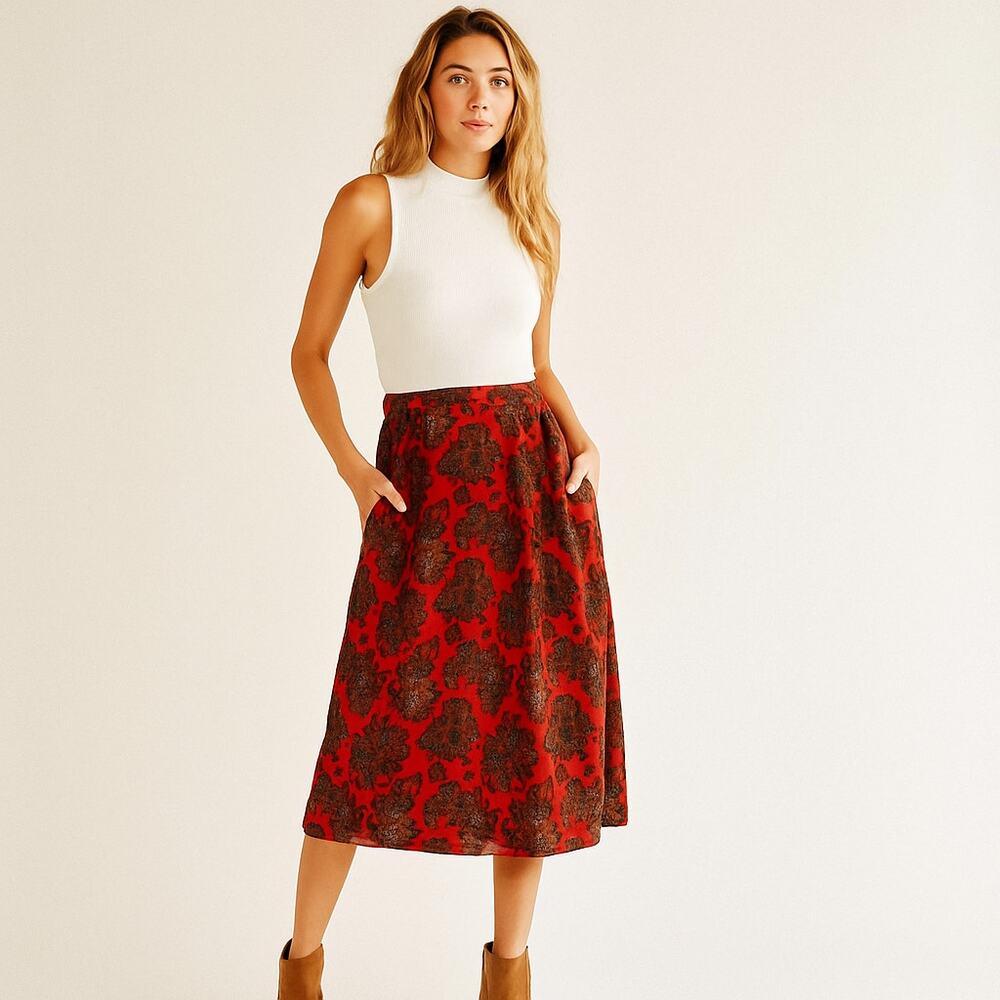 Vintage 1980s Dimanche Soft Red Paisley Skirt pockets M